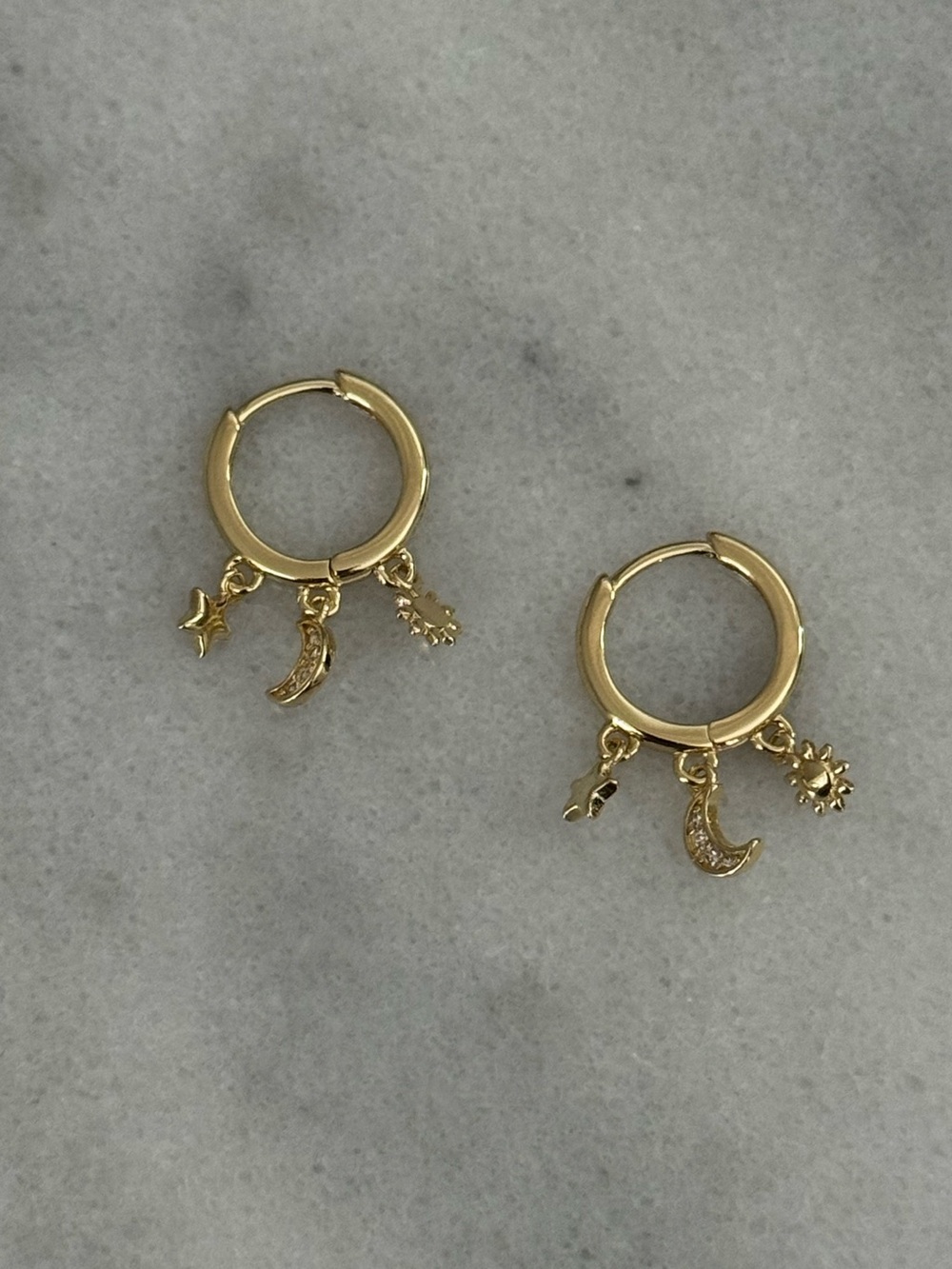 Gold Moon Sun Star Dangle Charm Hoop Earrings 

Brand New